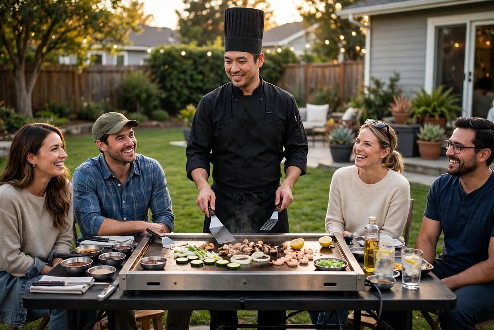 Hibachi4Party chef with portable grill in a customer's backyard