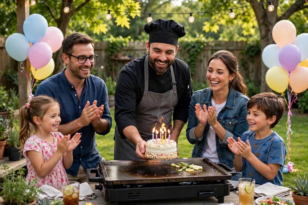 Hibachi chef celebrating a birthday party at the grill