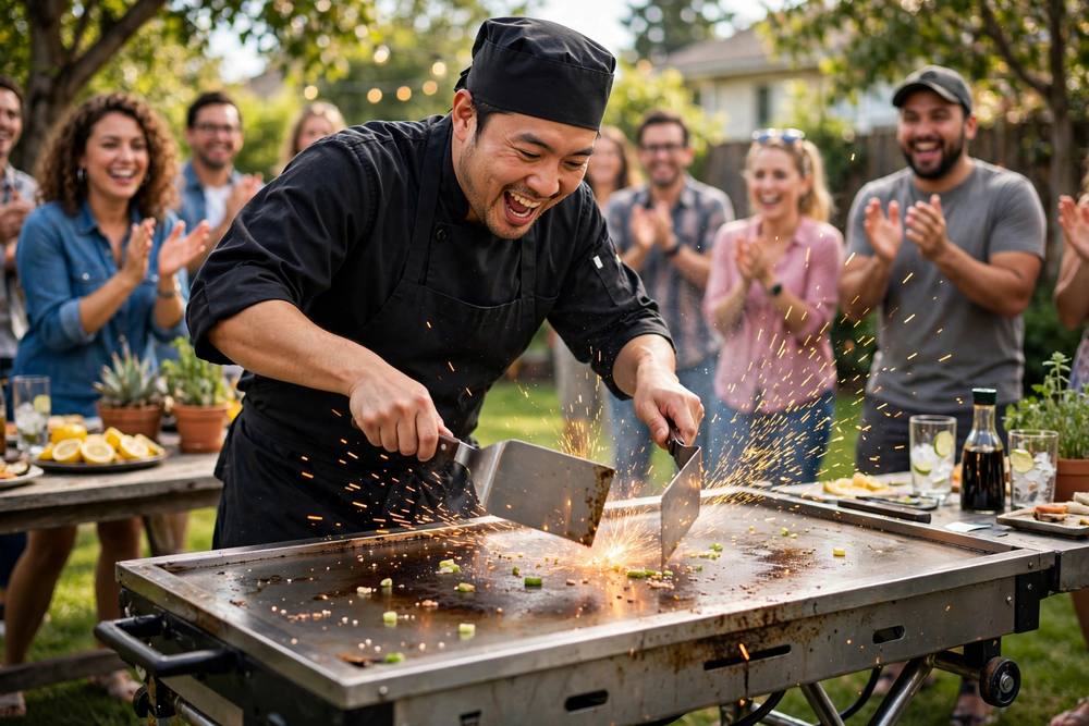 Hibachi chef drumming on the grill with spatulas