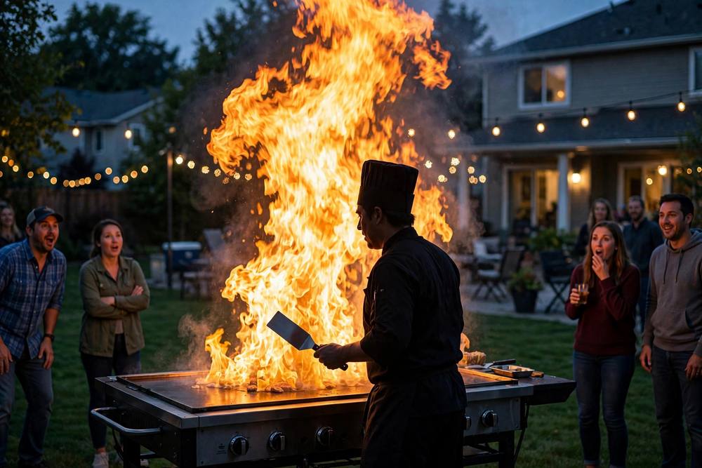 Hibachi chef performing a fire show on the grill