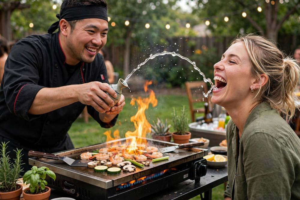 Hibachi chef performing the classic sake time trick
