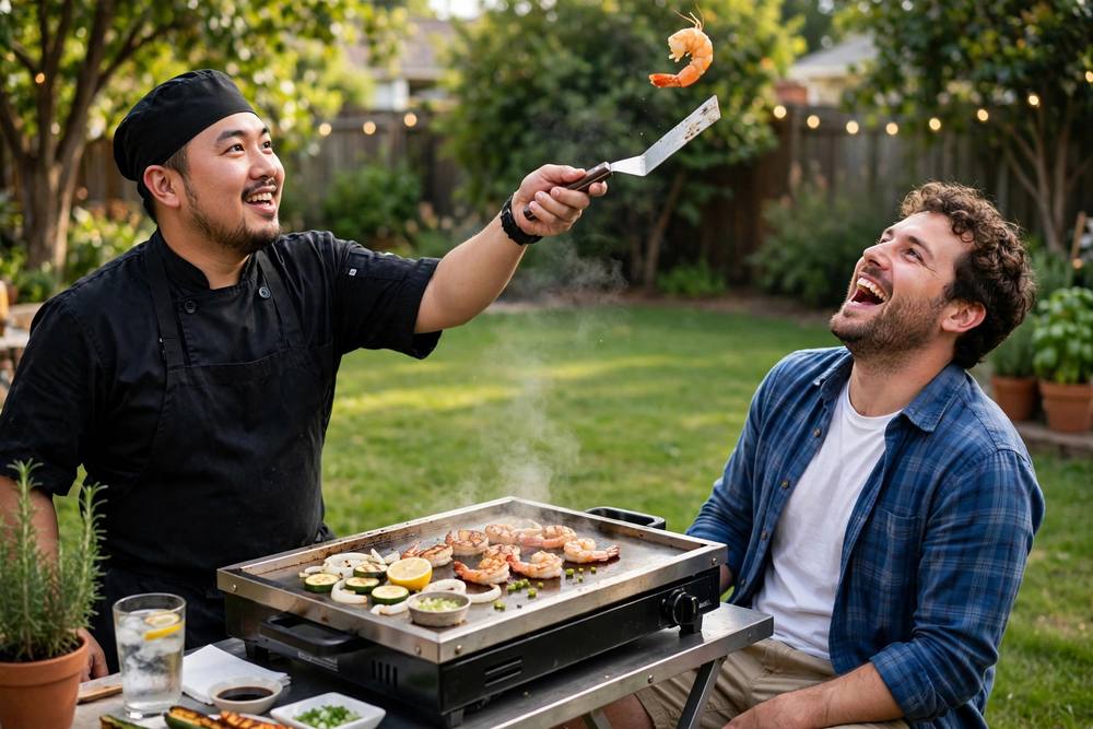 Chef tossing shrimp for a guest to catch